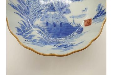 江戸後期〜幕末　伊万里　染付　山水図　約16cm　5.1寸　金の縁と爽やかな藍色が魅力のなます皿3枚セット(中皿、深皿、和皿、和食器、五寸一分)(R-073108)