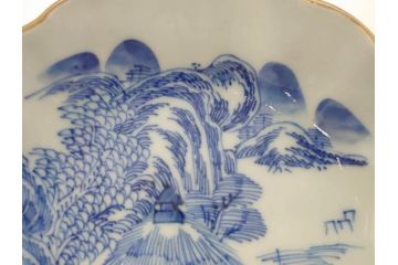 江戸後期〜幕末　伊万里　染付　山水図　約16cm　5.1寸　金の縁と爽やかな藍色が魅力のなます皿3枚セット(中皿、深皿、和皿、和食器、五寸一分)(R-073108)
