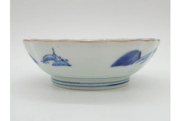 江戸後期〜幕末　伊万里　染付　山水図　約16cm　5.1寸　金の縁と爽やかな藍色が魅力のなます皿3枚セット(中皿、深皿、和皿、和食器、五寸一分)(R-073108)