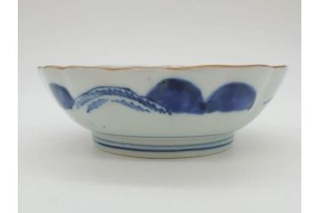 江戸後期〜幕末　伊万里　染付　山水図　約16cm　5.1寸　金の縁と爽やかな藍色が魅力のなます皿3枚セット(中皿、深皿、和皿、和食器、五寸一分)(R-073108)