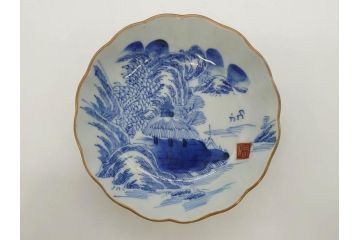 江戸後期〜幕末　伊万里　染付　山水図　約16cm　5.1寸　金の縁と爽やかな藍色が魅力のなます皿3枚セット(中皿、深皿、和皿、和食器、五寸一分)(R-073108)
