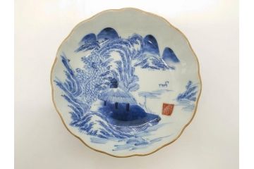 江戸後期〜幕末　伊万里　染付　山水図　約16cm　5.1寸　金の縁と爽やかな藍色が魅力のなます皿3枚セット(中皿、深皿、和皿、和食器、五寸一分)(R-073108)