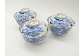 江戸期　伊万里　染付　山水図　約11cm　3.5寸　爽やかな色合いが素敵な蓋付き茶碗3客セット(和食器、三寸五分)(R-073110)