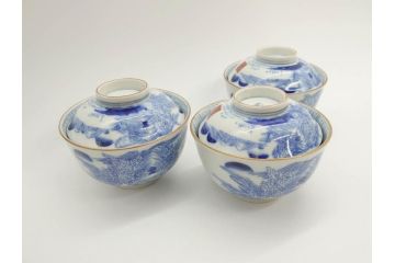 江戸期　伊万里　染付　山水図　約11cm　3.5寸　爽やかな色合いが素敵な蓋付き茶碗3客セット(和食器、三寸五分)(R-073110)