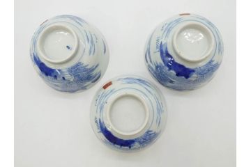 江戸期　伊万里　染付　山水図　約11cm　3.5寸　爽やかな色合いが素敵な蓋付き茶碗3客セット(和食器、三寸五分)(R-073110)