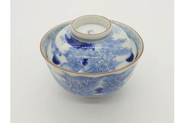 江戸期　伊万里　染付　山水図　約11cm　3.5寸　爽やかな色合いが素敵な蓋付き茶碗3客セット(和食器、三寸五分)(R-073110)