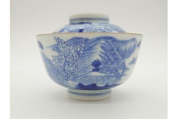 江戸期　伊万里　染付　山水図　約11cm　3.5寸　爽やかな色合いが素敵な蓋付き茶碗3客セット(和食器、三寸五分)(R-073110)