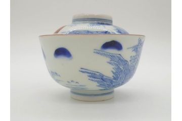 江戸期　伊万里　染付　山水図　約11cm　3.5寸　爽やかな色合いが素敵な蓋付き茶碗3客セット(和食器、三寸五分)(R-073110)