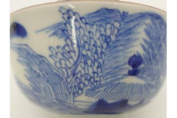 江戸期　伊万里　染付　山水図　約11cm　3.5寸　爽やかな色合いが素敵な蓋付き茶碗3客セット(和食器、三寸五分)(R-073110)
