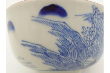 江戸期　伊万里　染付　山水図　約11cm　3.5寸　爽やかな色合いが素敵な蓋付き茶碗3客セット(和食器、三寸五分)(R-073110)