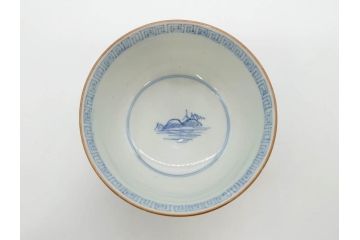 江戸期　伊万里　染付　山水図　約11cm　3.5寸　爽やかな色合いが素敵な蓋付き茶碗3客セット(和食器、三寸五分)(R-073110)