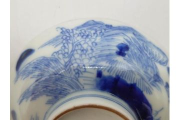江戸期　伊万里　染付　山水図　約11cm　3.5寸　爽やかな色合いが素敵な蓋付き茶碗3客セット(和食器、三寸五分)(R-073110)