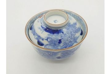 江戸期　伊万里　染付　山水図　約11cm　3.5寸　爽やかな色合いが素敵な蓋付き茶碗3客セット(和食器、三寸五分)(R-073110)