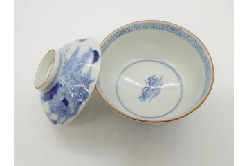 江戸期　伊万里　染付　山水図　約11cm　3.5寸　爽やかな色合いが素敵な蓋付き茶碗3客セット(和食器、三寸五分)(R-073110)