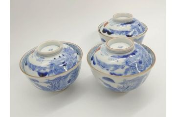 江戸期　伊万里　染付　山水図　約11cm　3.5寸　爽やかな色合いが素敵な蓋付き茶碗3客セット(和食器、三寸五分)(R-073111)