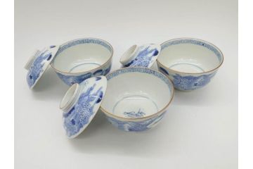 江戸期　伊万里　染付　山水図　約11cm　3.5寸　爽やかな色合いが素敵な蓋付き茶碗3客セット(和食器、三寸五分)(R-073111)