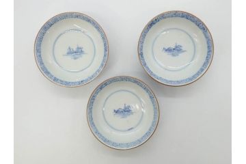 江戸期　伊万里　染付　山水図　約11cm　3.5寸　爽やかな色合いが素敵な蓋付き茶碗3客セット(和食器、三寸五分)(R-073111)