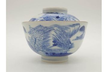 江戸期　伊万里　染付　山水図　約11cm　3.5寸　爽やかな色合いが素敵な蓋付き茶碗3客セット(和食器、三寸五分)(R-073111)