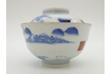 江戸期　伊万里　染付　山水図　約11cm　3.5寸　爽やかな色合いが素敵な蓋付き茶碗3客セット(和食器、三寸五分)(R-073111)