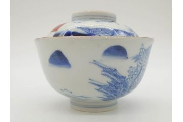 江戸期　伊万里　染付　山水図　約11cm　3.5寸　爽やかな色合いが素敵な蓋付き茶碗3客セット(和食器、三寸五分)(R-073111)