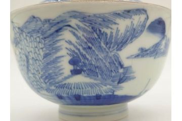 江戸期　伊万里　染付　山水図　約11cm　3.5寸　爽やかな色合いが素敵な蓋付き茶碗3客セット(和食器、三寸五分)(R-073111)