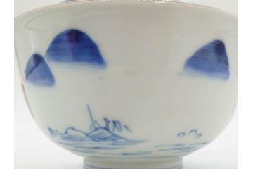 江戸期　伊万里　染付　山水図　約11cm　3.5寸　爽やかな色合いが素敵な蓋付き茶碗3客セット(和食器、三寸五分)(R-073111)