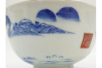 江戸期　伊万里　染付　山水図　約11cm　3.5寸　爽やかな色合いが素敵な蓋付き茶碗3客セット(和食器、三寸五分)(R-073111)