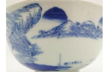 江戸期　伊万里　染付　山水図　約11cm　3.5寸　爽やかな色合いが素敵な蓋付き茶碗3客セット(和食器、三寸五分)(R-073111)