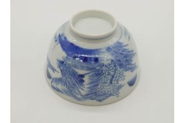 江戸期　伊万里　染付　山水図　約11cm　3.5寸　爽やかな色合いが素敵な蓋付き茶碗3客セット(和食器、三寸五分)(R-073111)