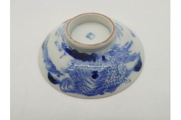江戸期　伊万里　染付　山水図　約11cm　3.5寸　爽やかな色合いが素敵な蓋付き茶碗3客セット(和食器、三寸五分)(R-073111)