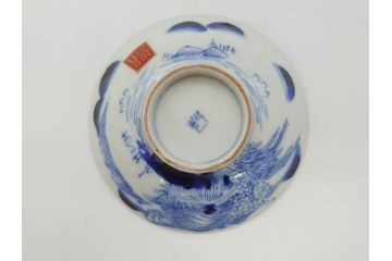 江戸期　伊万里　染付　山水図　約11cm　3.5寸　爽やかな色合いが素敵な蓋付き茶碗3客セット(和食器、三寸五分)(R-073111)