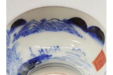 江戸期　伊万里　染付　山水図　約11cm　3.5寸　爽やかな色合いが素敵な蓋付き茶碗3客セット(和食器、三寸五分)(R-073111)