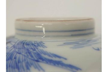 江戸期　伊万里　染付　山水図　約11cm　3.5寸　爽やかな色合いが素敵な蓋付き茶碗3客セット(和食器、三寸五分)(R-073111)