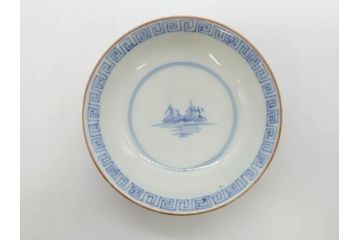 江戸期　伊万里　染付　山水図　約11cm　3.5寸　爽やかな色合いが素敵な蓋付き茶碗3客セット(和食器、三寸五分)(R-073111)