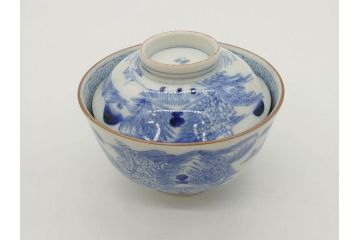 江戸期　伊万里　染付　山水図　約11cm　3.5寸　爽やかな色合いが素敵な蓋付き茶碗3客セット(和食器、三寸五分)(R-073111)