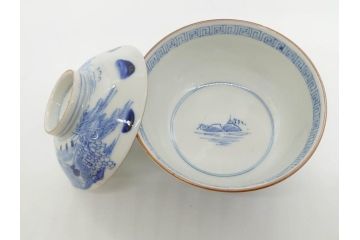 江戸期　伊万里　染付　山水図　約11cm　3.5寸　爽やかな色合いが素敵な蓋付き茶碗3客セット(和食器、三寸五分)(R-073111)