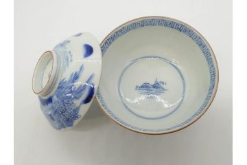 江戸期　伊万里　染付　山水図　約11cm　3.5寸　爽やかな色合いが素敵な蓋付き茶碗3客セット(和食器、三寸五分)(R-073111)