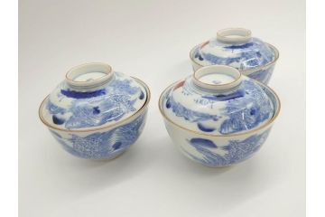 江戸期　伊万里　染付　山水図　約11cm　3.4寸　爽やかな色合いが素敵な蓋付き茶碗3客セット(和食器、三寸四分)(R-073112)