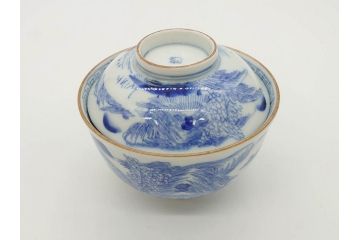 江戸期　伊万里　染付　山水図　約11cm　3.4寸　爽やかな色合いが素敵な蓋付き茶碗3客セット(和食器、三寸四分)(R-073112)
