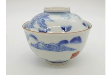 江戸期　伊万里　染付　山水図　約11cm　3.4寸　爽やかな色合いが素敵な蓋付き茶碗3客セット(和食器、三寸四分)(R-073112)