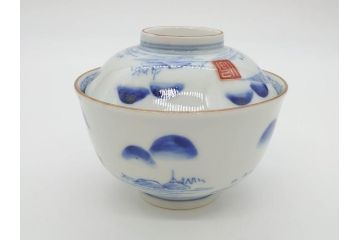 江戸期　伊万里　染付　山水図　約11cm　3.4寸　爽やかな色合いが素敵な蓋付き茶碗3客セット(和食器、三寸四分)(R-073112)