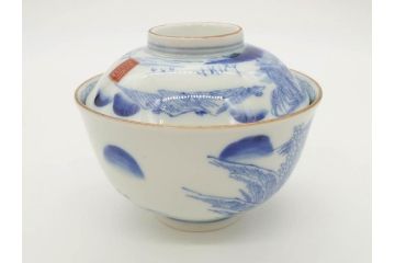 江戸期　伊万里　染付　山水図　約11cm　3.4寸　爽やかな色合いが素敵な蓋付き茶碗3客セット(和食器、三寸四分)(R-073112)