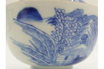 江戸期　伊万里　染付　山水図　約11cm　3.4寸　爽やかな色合いが素敵な蓋付き茶碗3客セット(和食器、三寸四分)(R-073112)