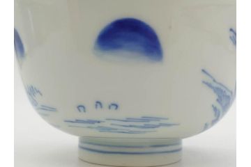 江戸期　伊万里　染付　山水図　約11cm　3.4寸　爽やかな色合いが素敵な蓋付き茶碗3客セット(和食器、三寸四分)(R-073112)