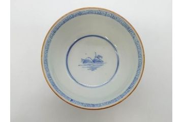 江戸期　伊万里　染付　山水図　約11cm　3.4寸　爽やかな色合いが素敵な蓋付き茶碗3客セット(和食器、三寸四分)(R-073112)