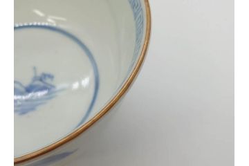 江戸期　伊万里　染付　山水図　約11cm　3.4寸　爽やかな色合いが素敵な蓋付き茶碗3客セット(和食器、三寸四分)(R-073112)