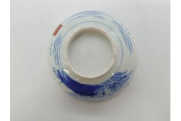 江戸期　伊万里　染付　山水図　約11cm　3.4寸　爽やかな色合いが素敵な蓋付き茶碗3客セット(和食器、三寸四分)(R-073112)
