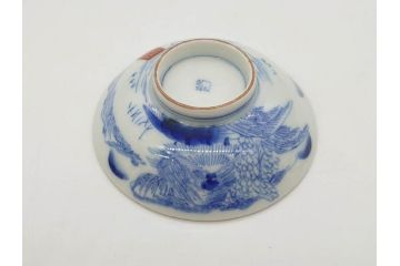 江戸期　伊万里　染付　山水図　約11cm　3.4寸　爽やかな色合いが素敵な蓋付き茶碗3客セット(和食器、三寸四分)(R-073112)