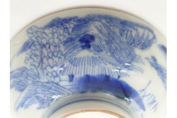 江戸期　伊万里　染付　山水図　約11cm　3.4寸　爽やかな色合いが素敵な蓋付き茶碗3客セット(和食器、三寸四分)(R-073112)