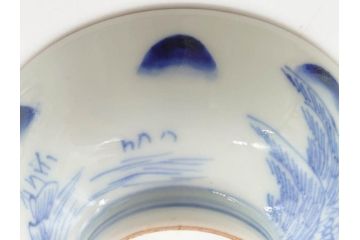 江戸期　伊万里　染付　山水図　約11cm　3.4寸　爽やかな色合いが素敵な蓋付き茶碗3客セット(和食器、三寸四分)(R-073112)